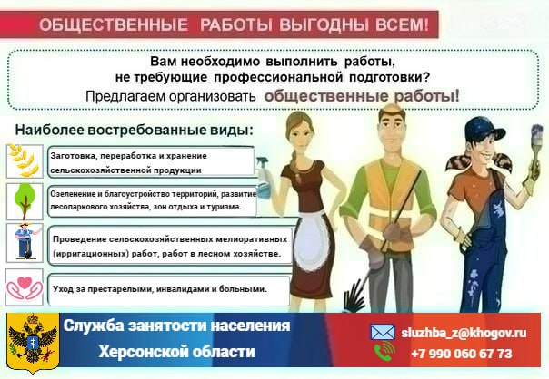 Служба занятости населения Херсонской области приглашает предприятия и организации Чаплынского МО принять участие в организации общественных работ. Служба занятости населения Херсонской области приглашает предприятия и организации Чаплынского МО принять участие в организации общественных работ.